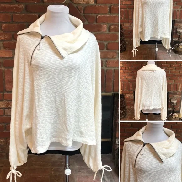 Peace Love World Top Tagged M/L Cream Sweater Top Tie Cuffs Zip Neck Accent - Picture 3 of 6